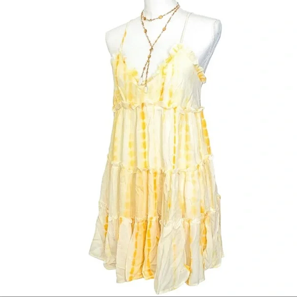 🆕 Gorgeous Yellow White TieDyed Tiered Spaghetti Strap Babydoll Dress SM NWT - Picture 4 of 9